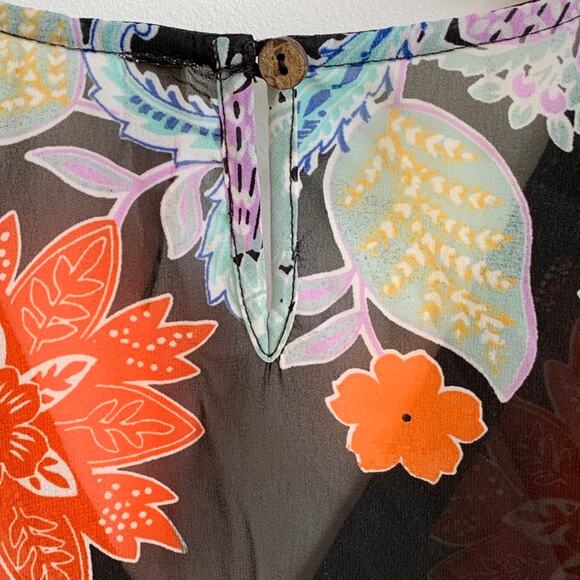 RAGA Anthropologie Blouse Tassel 3/4 Sleeve V-Neck Black Orange Floral Top Small - Picture 7 of 15